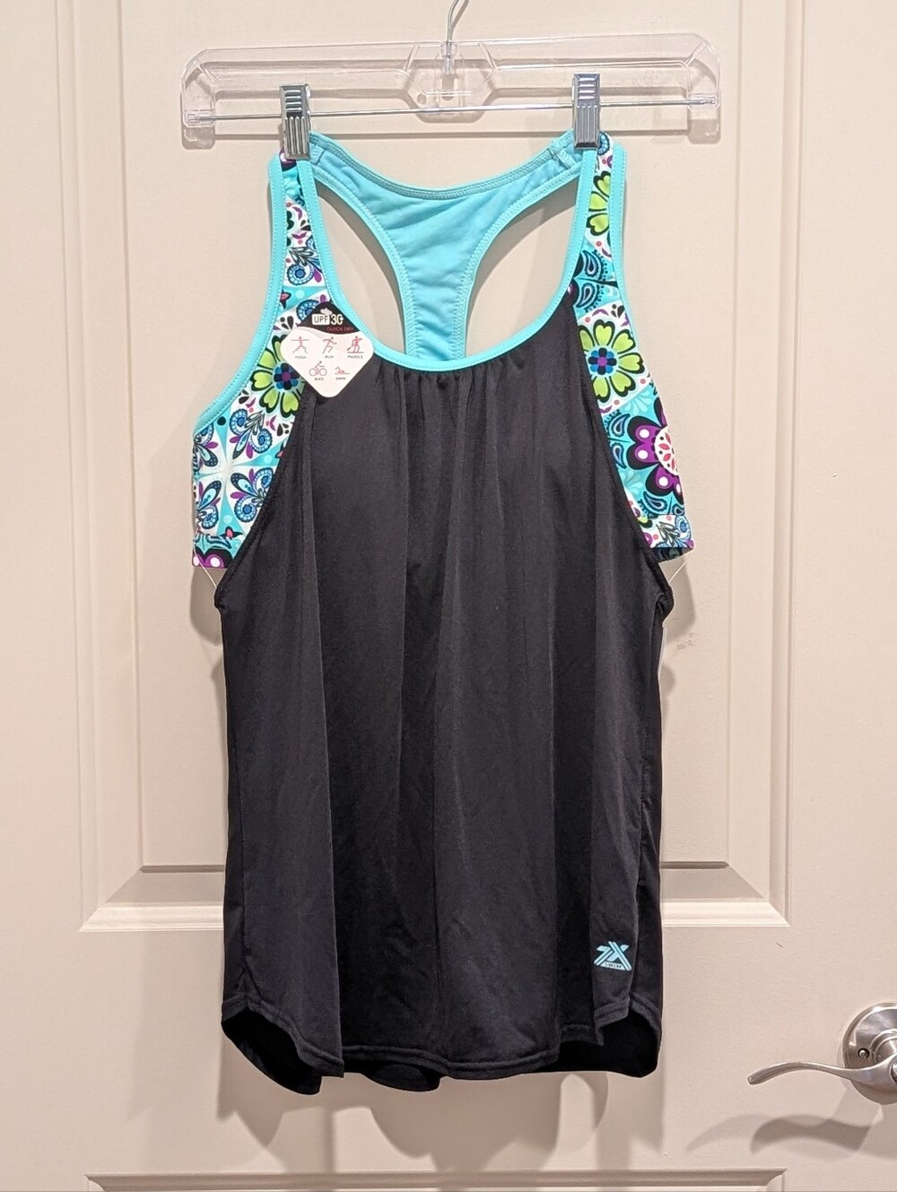 ZeroXposur Black & Aqua Floral-Trim Women’s Swim Tank Size Small